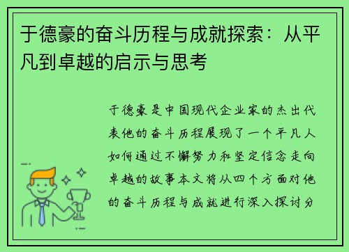于德豪的奋斗历程与成就探索：从平凡到卓越的启示与思考